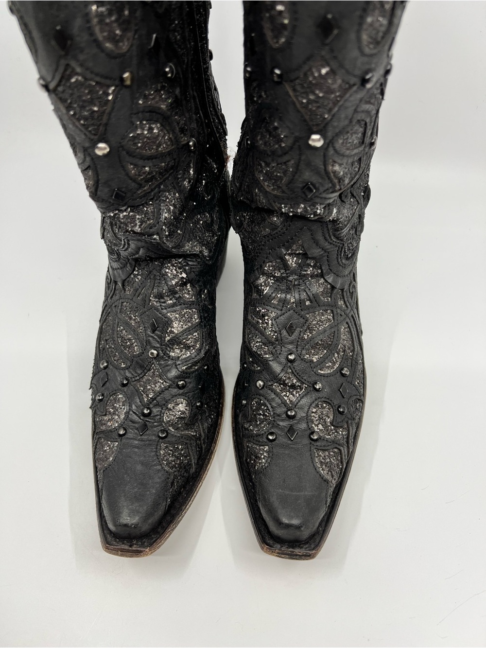 FLAWED Corral Ladies Black Leather Glitter Inlay and Studded Western Boots 8.5 M - Picture 4 of 16